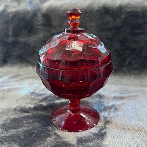 Vintage Viking ruby red compote dish with lid and sticker!  Perfect condition!